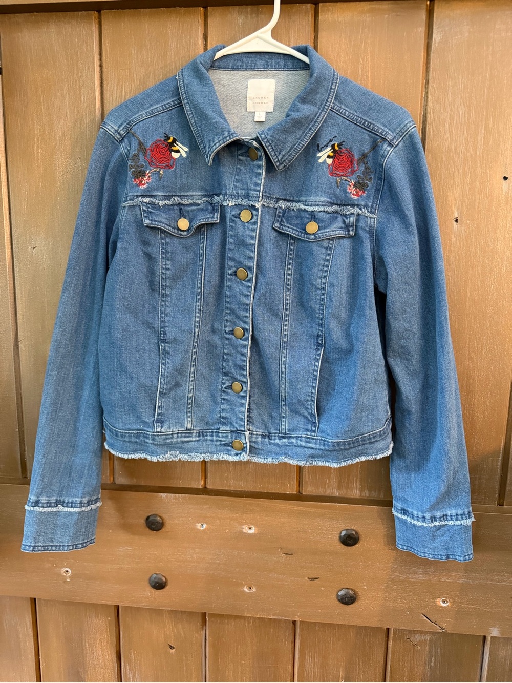 Lauren Conrad retired Denim Embroidered Rose Jacket size large/ medium
